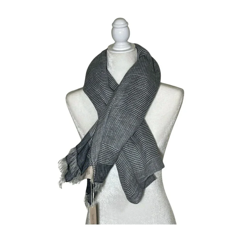 NWT SASSO + SMYTH Linen Blend Fringe Scarf Navy White Made in Italy - Picture 6 of 10